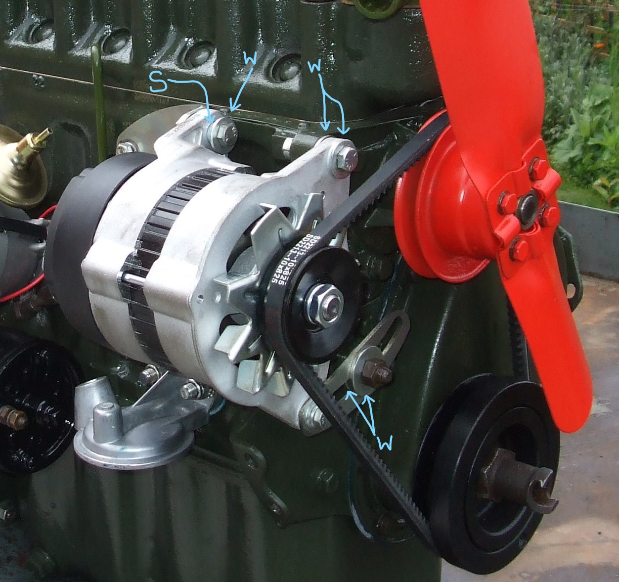 948 engine alternator highlighting additional washers (W) and hollow spacer (S).jpg
