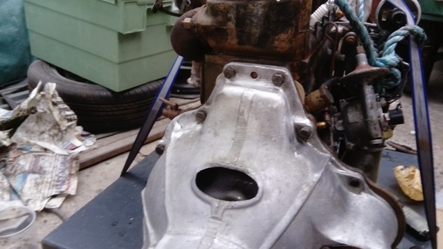 Gearbox attached with all bolts this time and secondhand back plate fitted